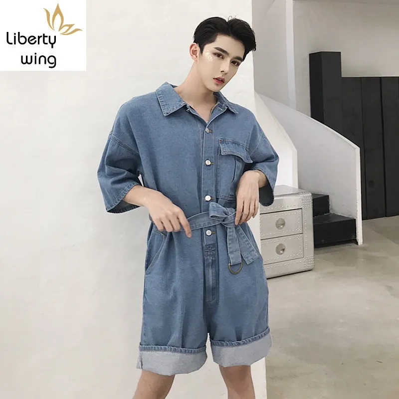 

New Summer Men Short Sleeve Jean Jumpsuits Fashion Single Breasted Denim Playsuits Streetwear Loose Fit Knee Length Jumpsuit