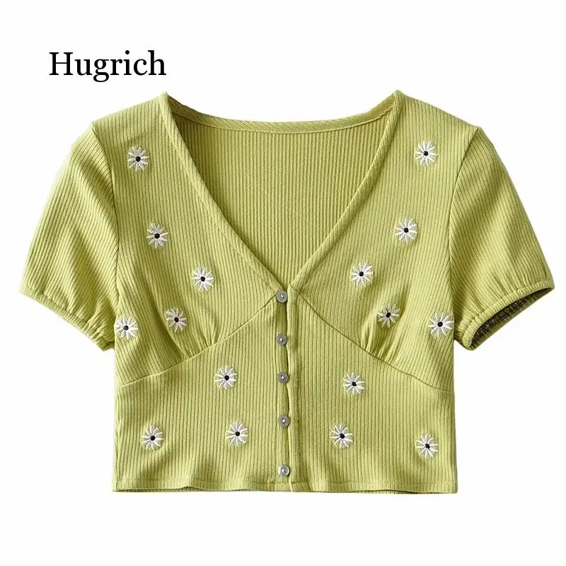 2021 Hot Sell Little Daisy Embroidery Short Sleeve T-Shirt Female Ins Style Women's Summer Sexy Purple Top