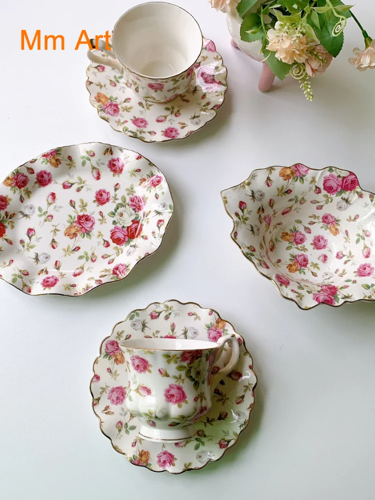 French Retro Flower Ceramic Coffee Set Set of Plate Cutlery Palace Style Cups and Saucers