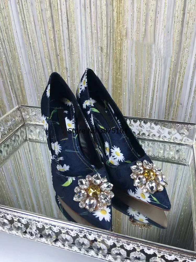 New Arrival Printed Stiletto Heel Dress Shoes Sexy Women Pointy Slip-on High Heels Pretty Crystal Flower Stick Shallow Pump