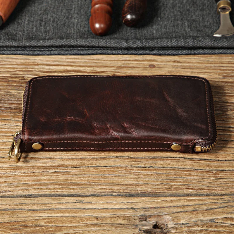 AETOO Long leather wallet made of hand-made vegetable tanning, long wallet for men, leather pleated pure copper zipper wallet