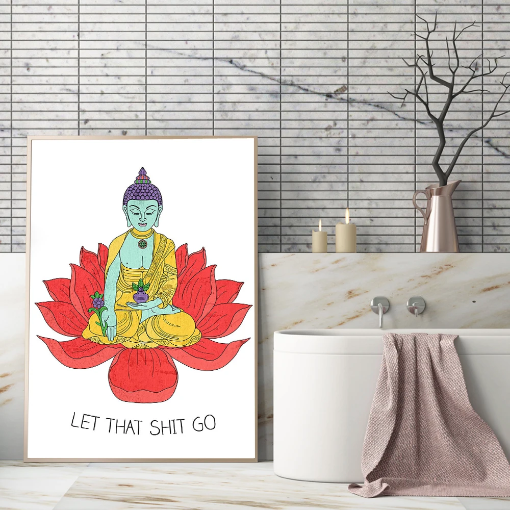 Funny Bathroom Sign Canvas Painting Prints and Posters Let That Go Quote Bathroom Wall Art Buddha Zen Yoga Picture Home Decor