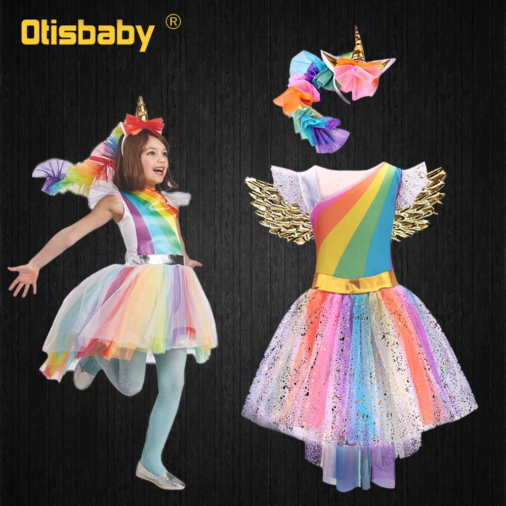 

Girl Halloween Rainbow Pony Costume Infant Unicorn Dress Horse Girl Flutter Sleeve Glitter Pony Dress Angel Wings Headband Kids