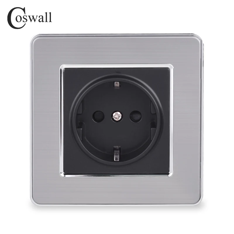 Coswall 16A EU Standard Wall Socket Luxury Power Outlet Stainless Steel Brushed Panel Grounded With Children Protective Door