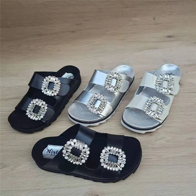 Female Shoes Slippers Casual Summer Clogs Woman Fringe Low Glitter Slides 2024 Luxury Genuine Leather Beach Jelly Crystal Fashio