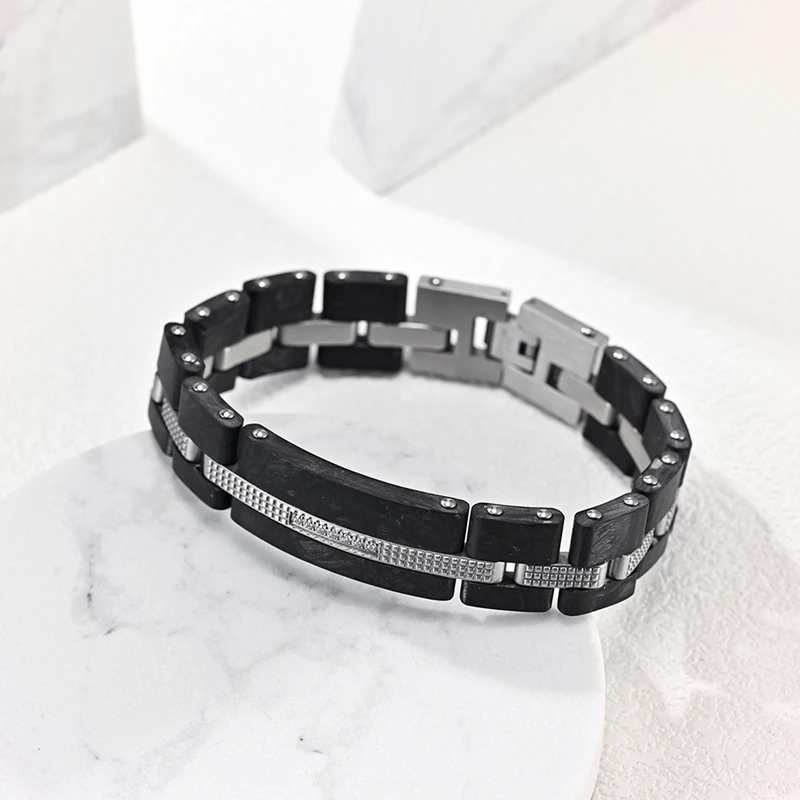 High Quality Carbon Fiber Cubic Zirconia Bangles Men Black Silver Color Health Bracelets For Men Fashion Jewelry