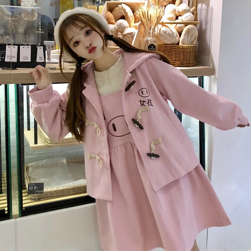 Autumn and winter sweet cute pig pink embroidered woolen coat vest dress two-piece suit female 2019 new