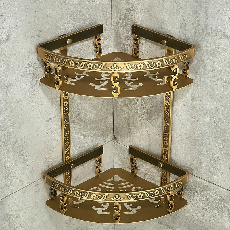 Nail Free Bathroom Shelves Antique Brass Wall Mounted Shower Corner Shelf Towel Hooks Basket Bathroom Accessories Towel Holder