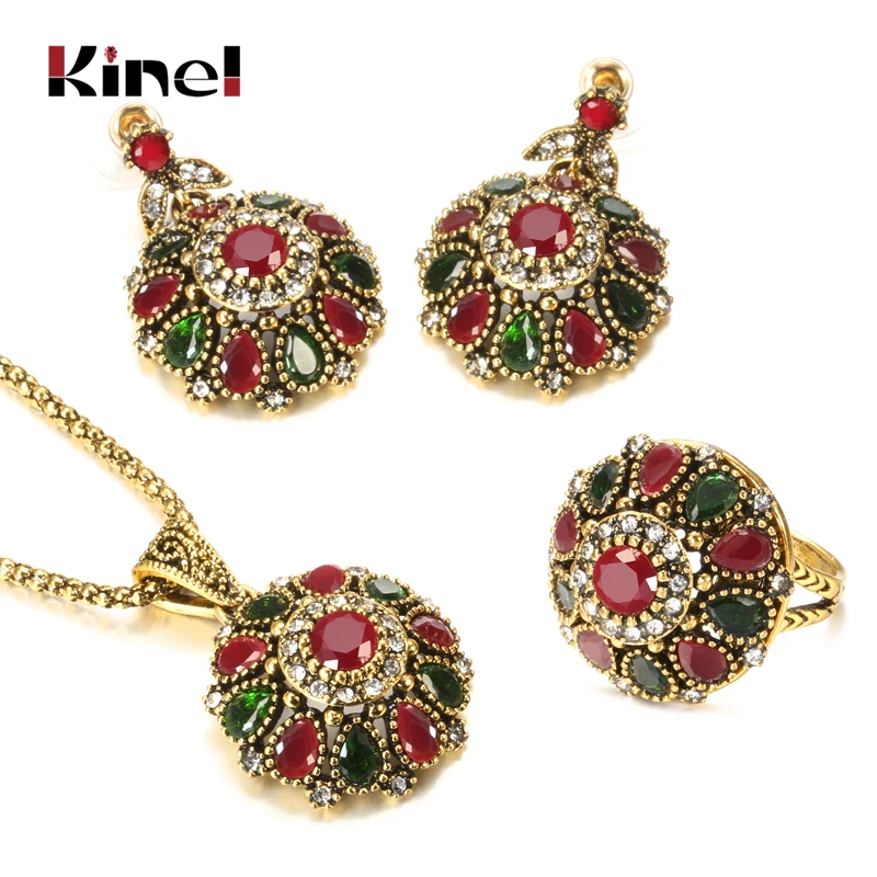 Kinel Hot Ethnic Bride Crystal Flower Earring Ring Jewelry Sets Fashion Antique Gold Necklace For Women Boho Jewelry Wholesale