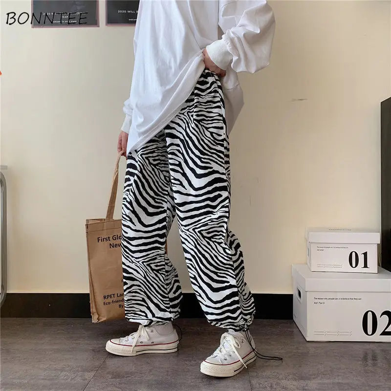 

Casual Pants Women Streetwear Baggy Daily Korean Style Autumn Elastic Waist BF Popular Fashion All-match Zebra-print Pantalones