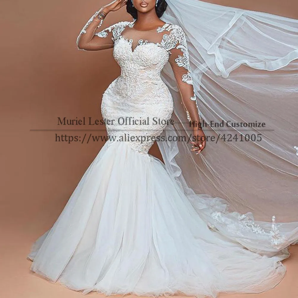 Luxury Sheer Nude Tulle O คอยาวแขนปลาชุดเจ้าสาวแชมเปญงาช้างลูกไม้ Appliques Mermaid Wedding Dress Plus ขนาด