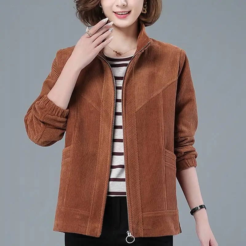 Women Corduroy Jacket Spring Autumn Plus Size Stand Collar Coat Middle-aged Mother Casual Short Windbreaker Female Tops 3XL