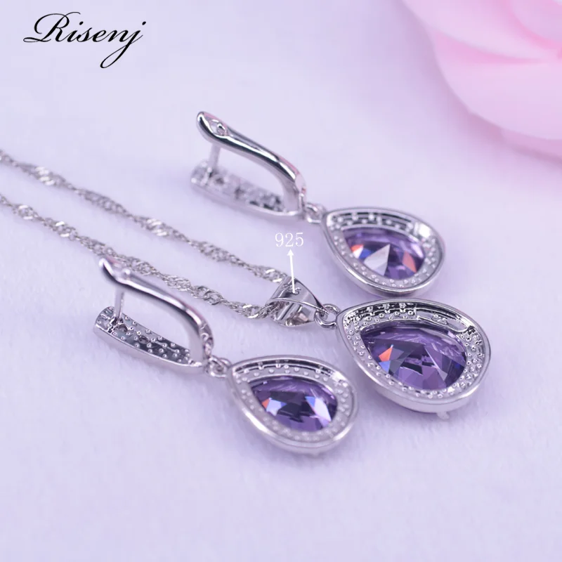 Many Colors Purple Crystal Silver Color Jewelry Big Water Drop Square Bridal Jewelry Earrings Necklace Ring Set