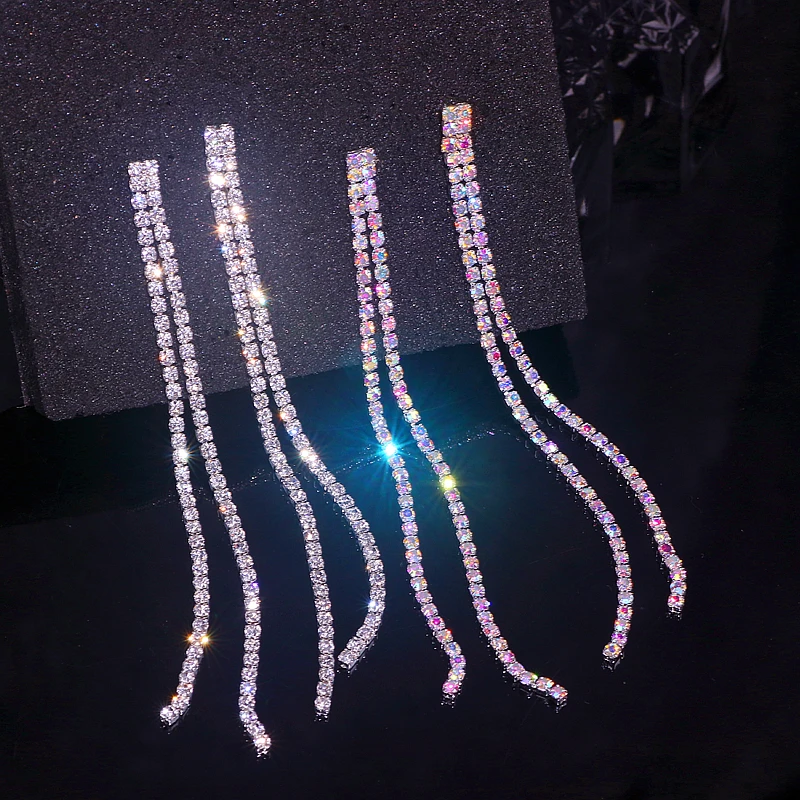 Luxury Long Tassel Full Rhinestone Drop Earrings for Women Bijoux Shiny Crystal Dangle Earring Wedding Party Jewelry Accessories