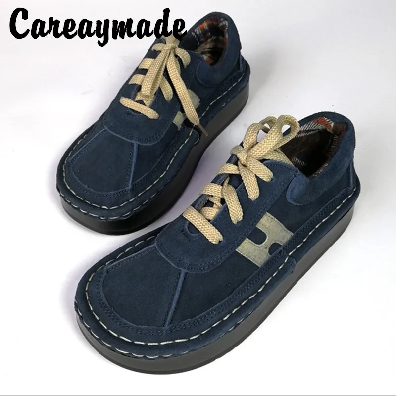 Careaymade-Autumn new Genuine leather shoes with thick soles,retro British casual women\'s shoes round head lace up single shoes