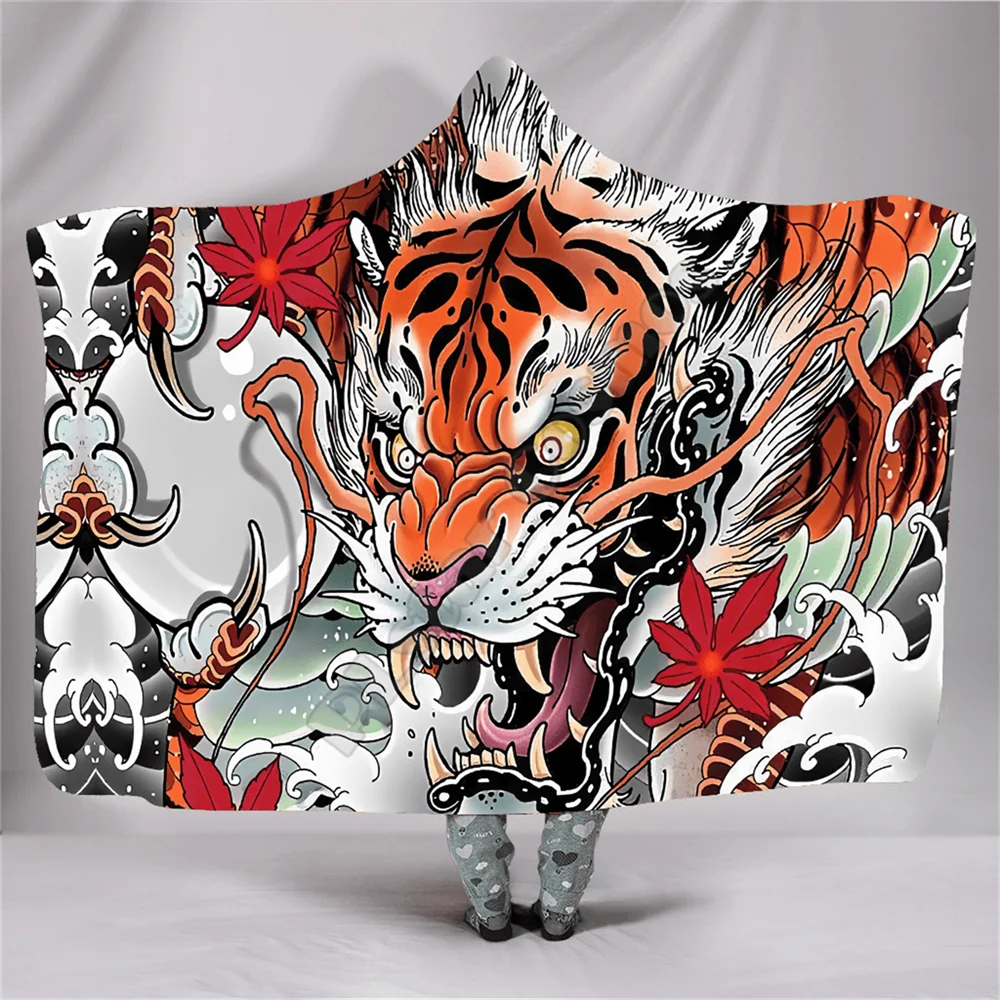 

Japanese Samurai Tattoo Hooded Blanket 3D printed Wearable Blanket Adults Kids Various Types Hooded Blanket Wearable