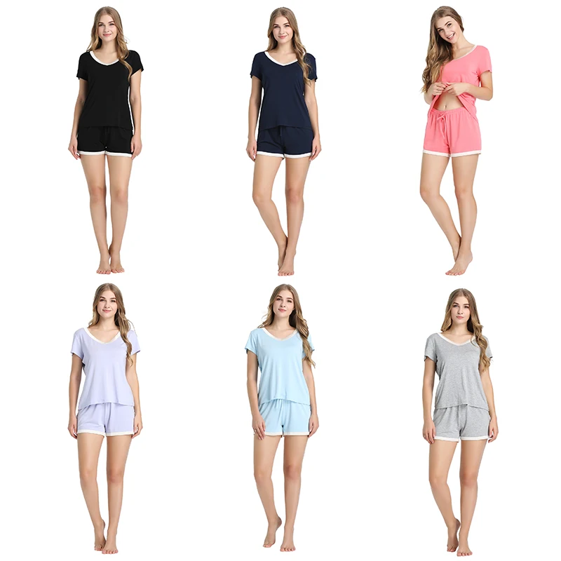 Joyaria Pajamas Women Summer V-Neck Short Sleeves Pyjamas Set Bamboo Sleep Shirt and Bottoms Viscose Pajama Set Pijamas Mujeres