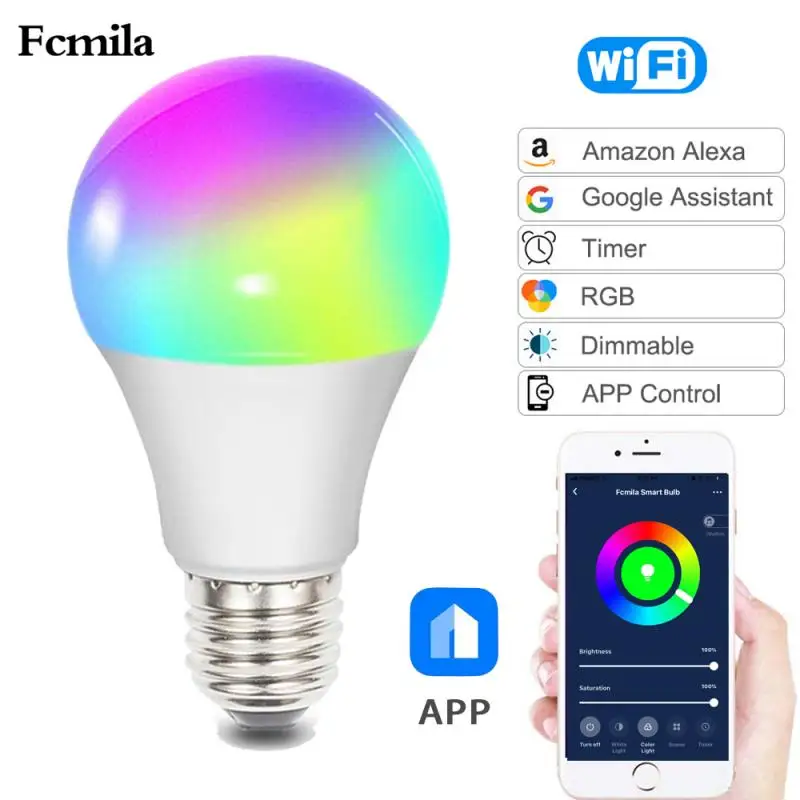 

Fcmila Smart Wifi Bulb E27/E26/E14/B22 Base Dimming Light Bulb Smart WiFi LED Bombilla 10W RGB+CW Clould intelligence APP