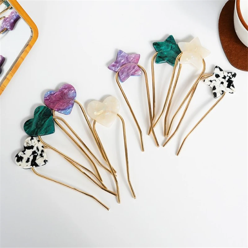 

Acetate U-Shape Hair Clips Elegant Heart Star Metal Forks Hairpins Newly for Women Hair Style Tool Accessories