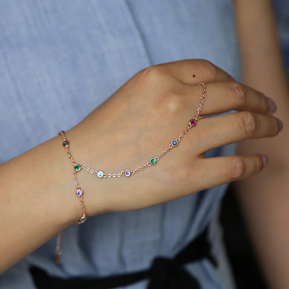 2024 new fashion wrap cz station chain bracelet with colorful cz bezel chain rings bracelet for young girl wedding jewelry gift