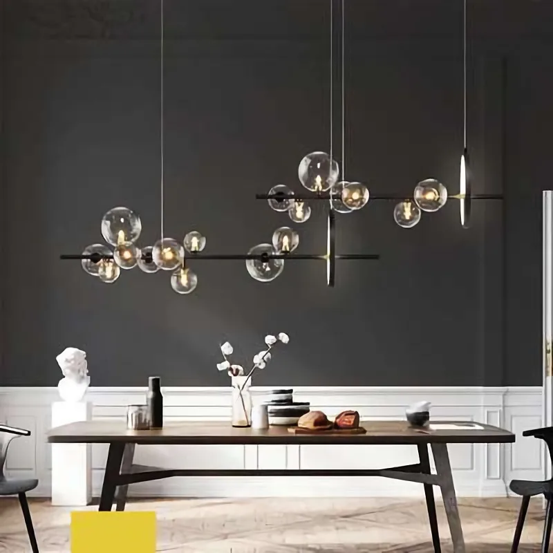 Nordic Glass Ball Led Pendant Light Black Metal Living Room Dining Table Bar Hanging Lamps Household Decorative Indoor Fixtures