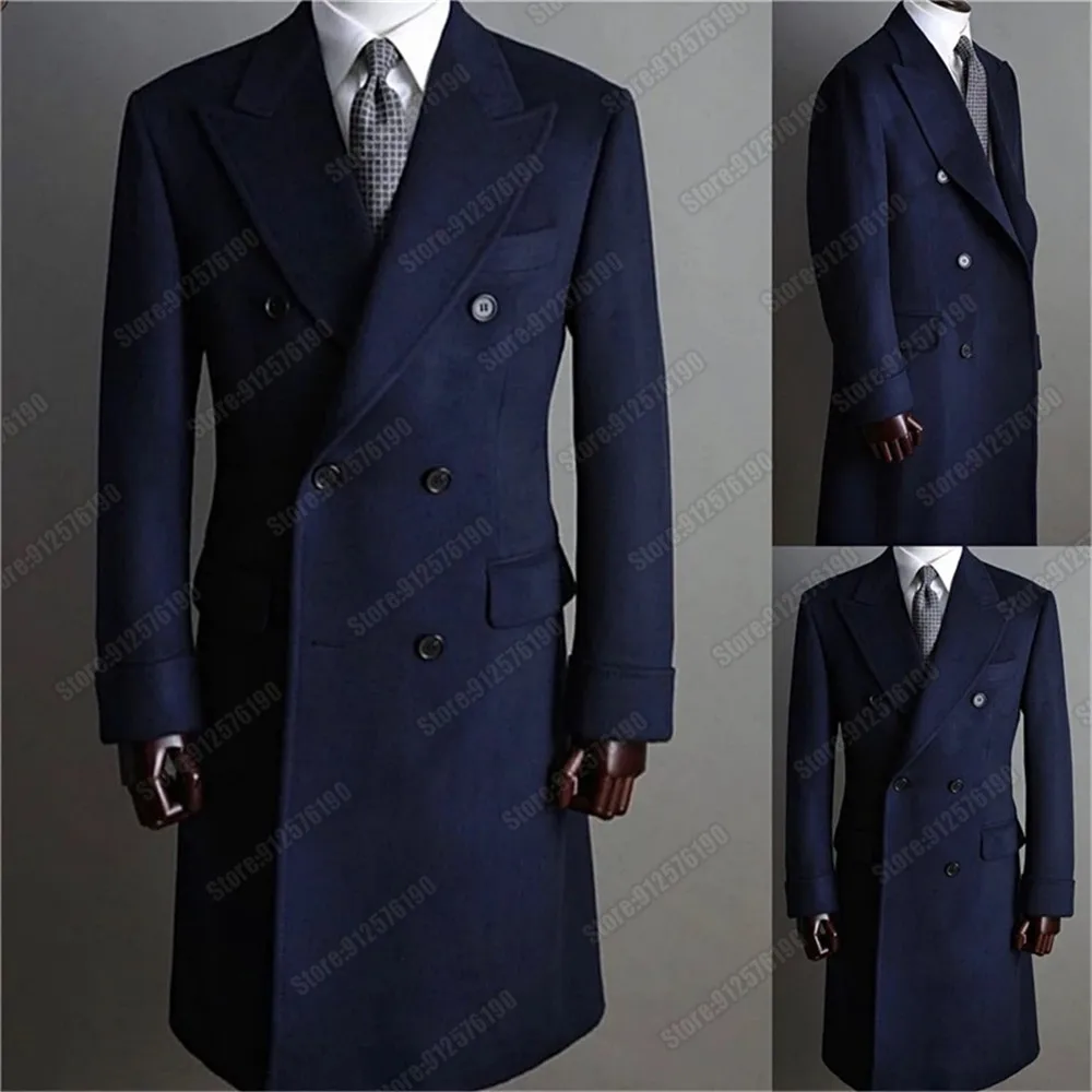 

Navy Men Suits Jacket Tweed Wool Blends Thick Double Breasted Long Overcoat Wedding Tuxedos Formal Blazer Custom Made Work Wear