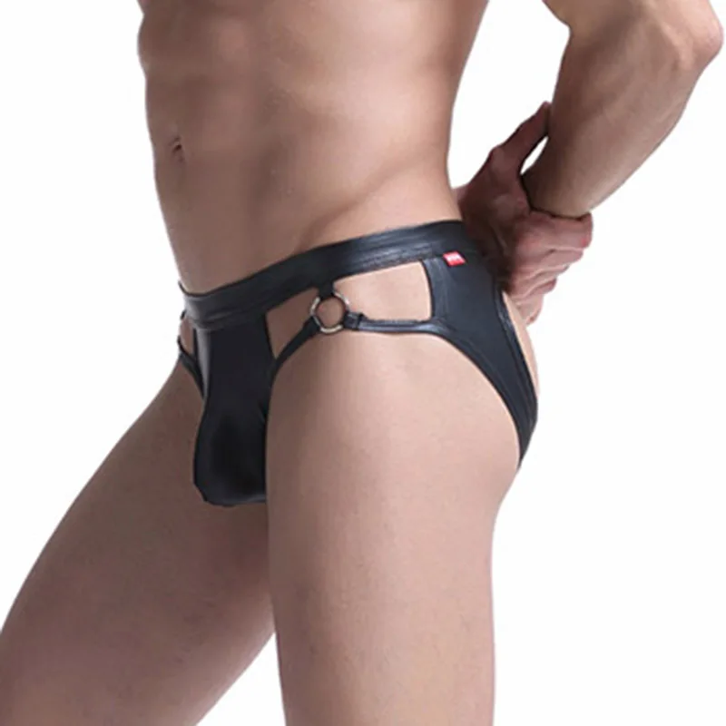 Men\'s Sexy PU Leather Underwear Jock Strap Briefs Thong G-String Pouch Panties Underwear Men Erotic Lingerie Micro Bikini Briefs