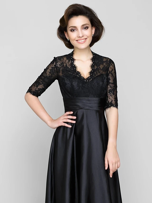 Black Top Lace Avondjurk Vintage V-hals Floor Lengte Satin Half Sleeve Prom Partij Jassen Vestidos De Noiva