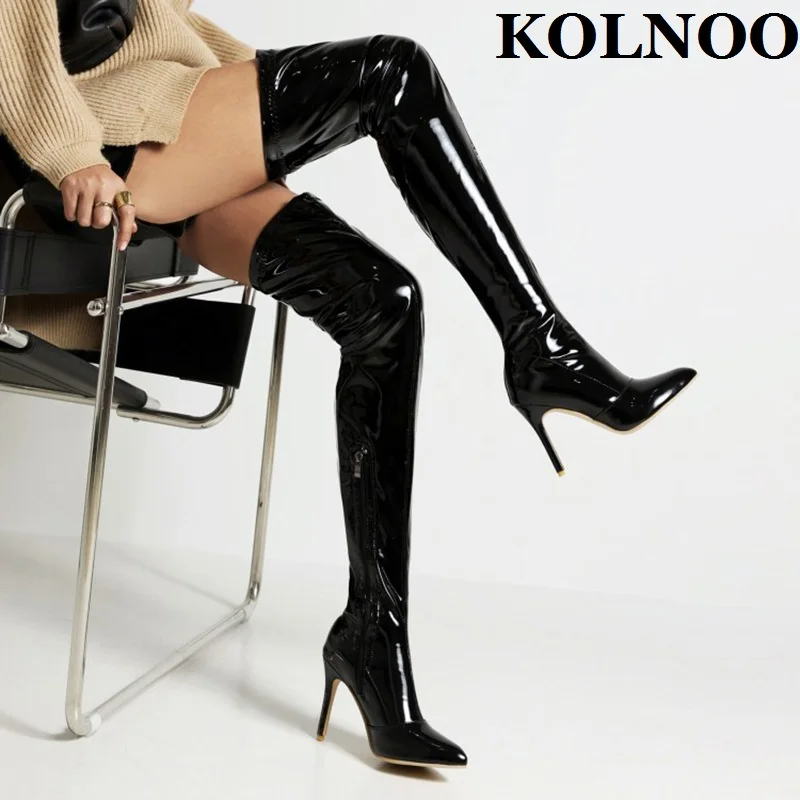 

Kolnoo New Sexy Handmade Women High Heel Boots Patent Leather Party Prom Over Knee Boots Evening Club Fashion Thigh-high Booties