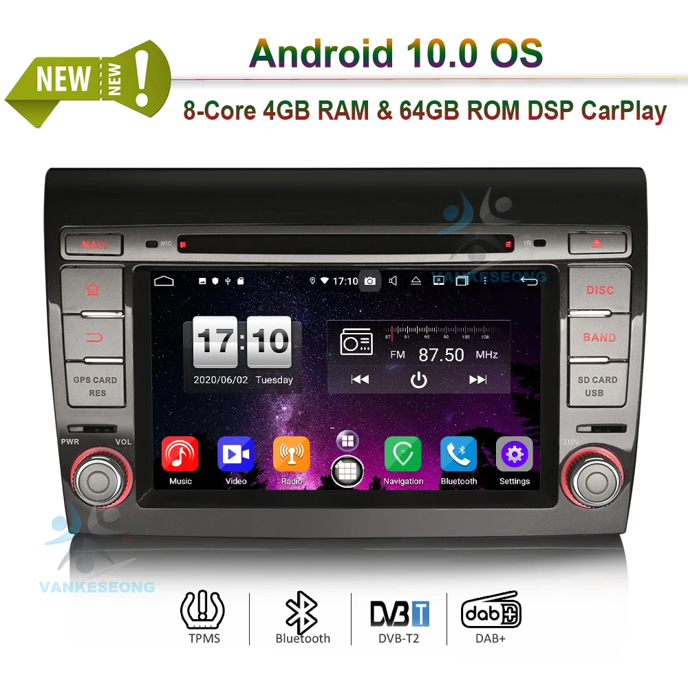 

VANKESEONG 7 "для Fiat DSP Android 10,0 8-ядерный 64 ГБ Автомобильный DVD CarPlay & Авто GPS 4G DAB + BT Wi-Fi навигации