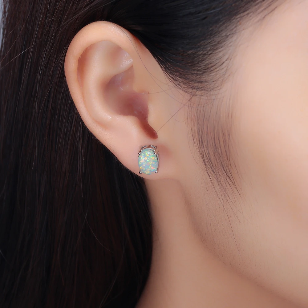 CiNily Green Fire Created Opal Stud Earrings Silver Plated Fashion Jewelry Wedding for Women Stud Earrings 9x7mm OH3844