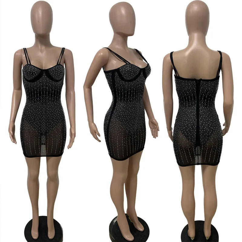 Sexy Mesh Sheer strass Mini abiti per le donne Party Night Club Backless Bodycon Dress senza maniche elegante abito da compleanno Robe