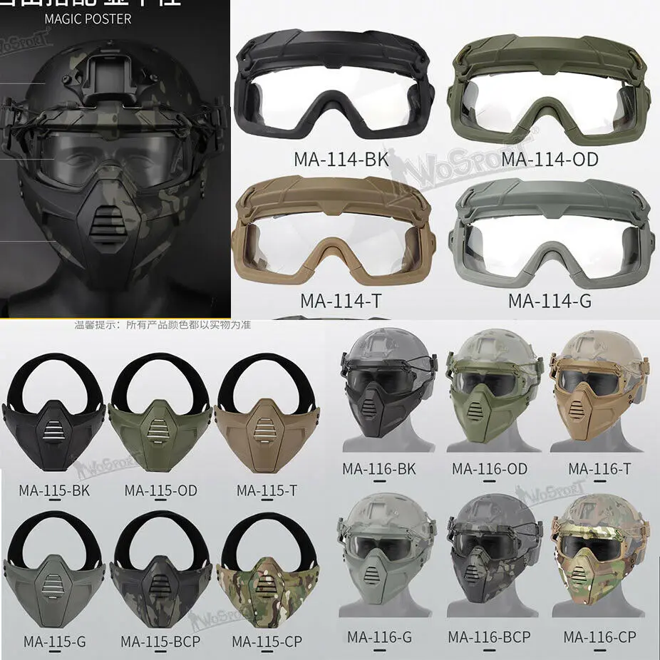 NEW Tactical Hunting helmet Split type Half Face Mask /Safety Goggles Lens /1 Set