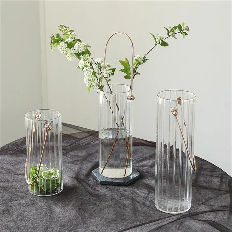Nordic Simple Stripe Vase with Handle, Tabletop Ornaments, Flower, Hydroponic Plant, Glass