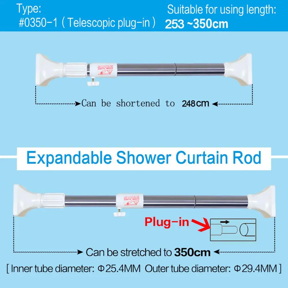 Length Adjustable 248-350cm Toilet Spring Curtain Rod Bath Shower Rail Telescopic Curtain Hanging Rail Bar Tension Pole DQ0350-1