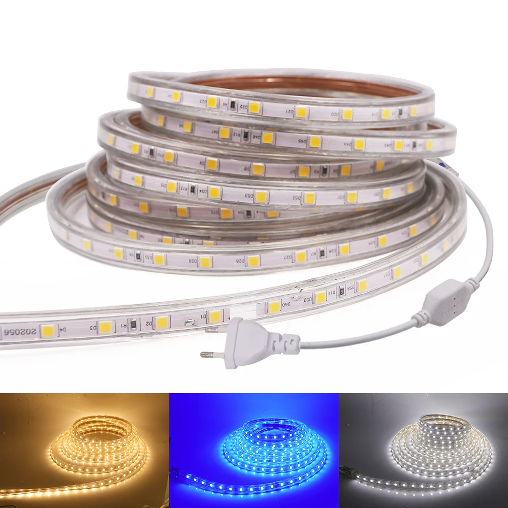 

AC220V LED Strip Light 5050 60Leds Waterproof LED Ribbon Flexible Tape Stripe Light Diode Tape with EU Plug for Holiday Decor