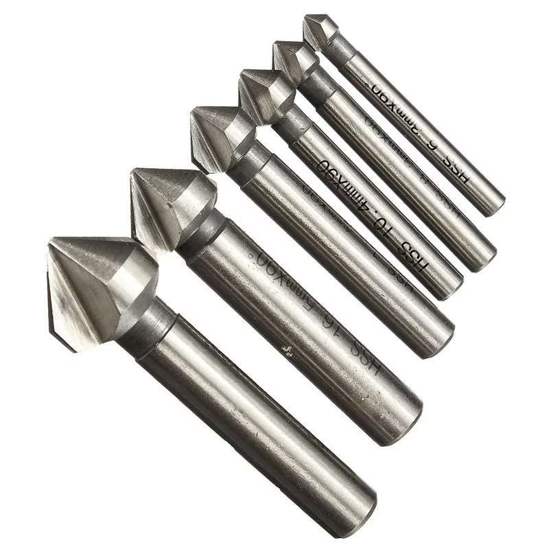 6Pcs 3 flauto 90 gradi HSS smussatura fresa strumento fresa codolo tondo svasatore sbavatura Set di punte da trapano 6.3-20.5mm