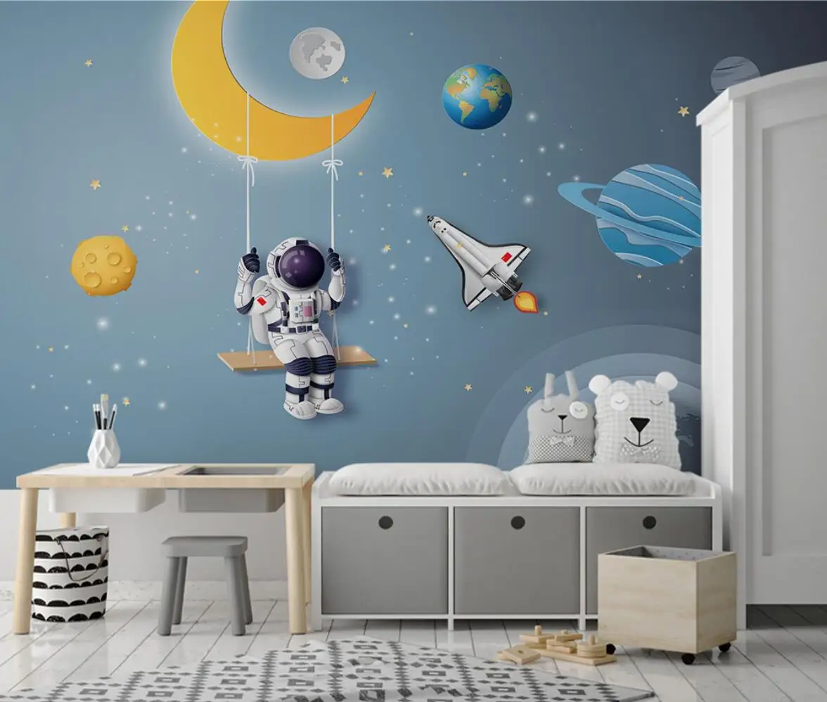 beibehang Custom Nordic minimalist space galaxy rocket mural wallpaper for children's room bedroom 3D cartoon murals wall paper