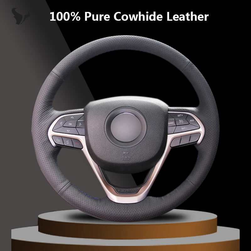 

Сшитый вручную черный чехол на руль из натуральной кожи для Jeep Grand Cherokee 2014-2015 2016