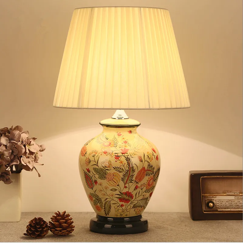 Chinese style branches&leaves ceramic Table Lamps Light yellow fabric lampshade  E27 LED lamp for bedside&foyer&tea room MF021