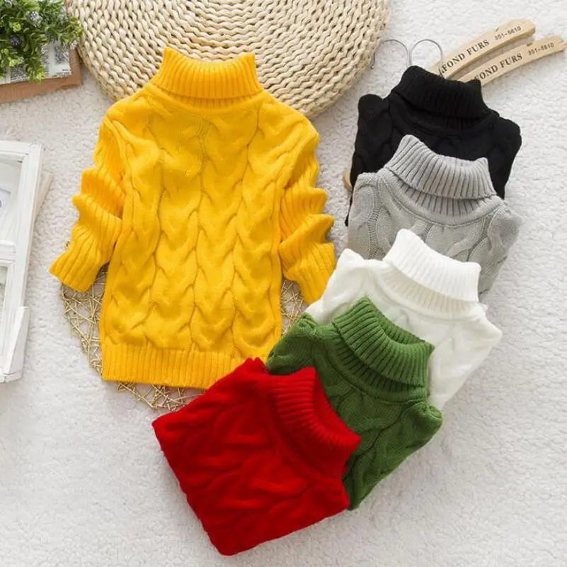 Children's autumn and winter sweater boys' solid color knitted sweater girls' thickened base baby pullover high neck sweater