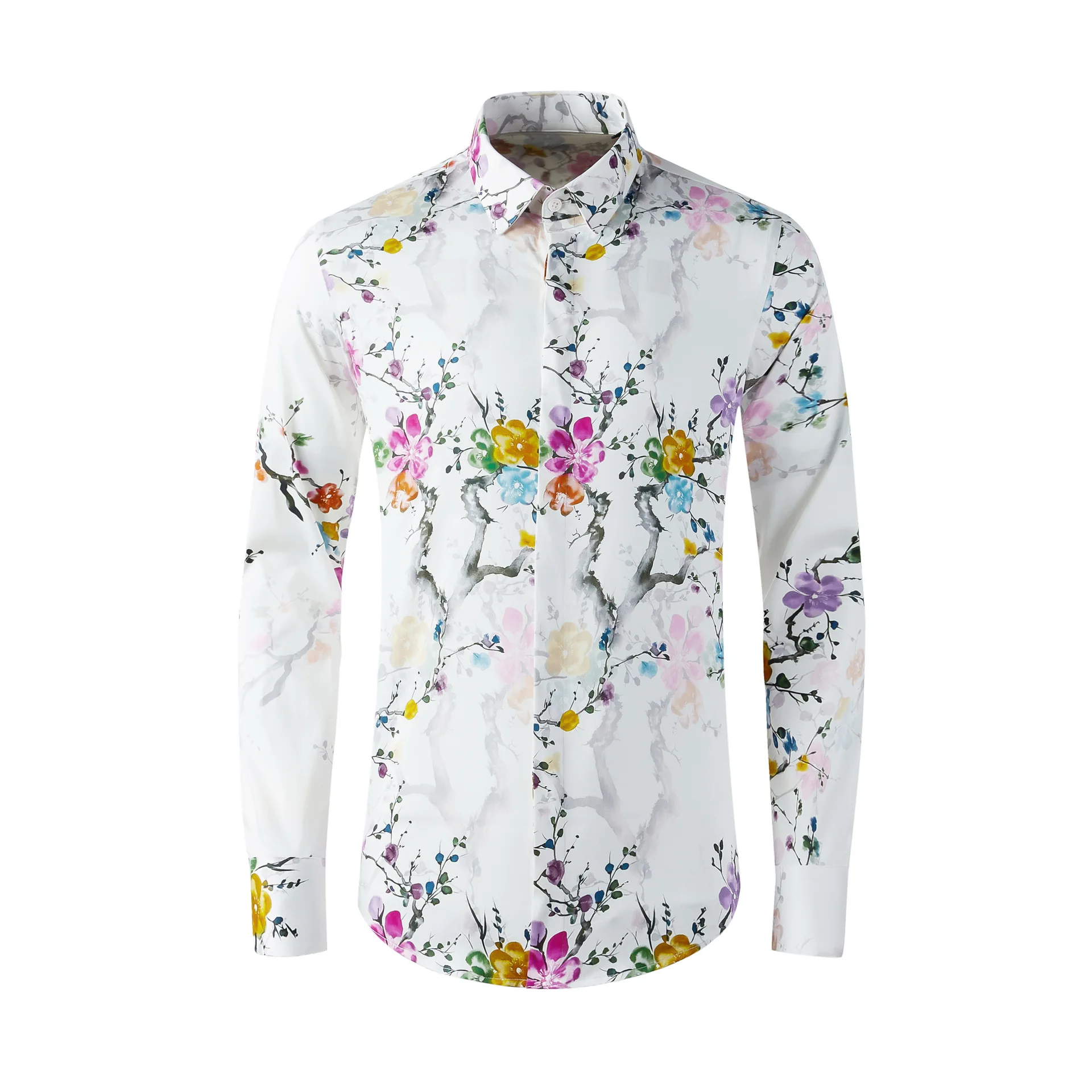 

2021 Four Seasons New Digital Printed Cotton Elastic High-end Material Men's Slim Shirt Chinese Style Freehand Blouse