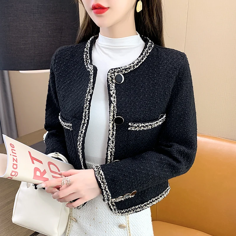 Frauen Einreiher Langarm Schwarz Tweed Woolen Kurze Jacke 2021New Herbst Winter Damen Klassische Oberbekleidung