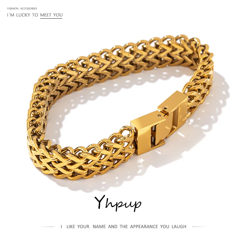 Yhpup Unisex Jewelry Stainless Steel Cuban Link Chain Bracelet Bangle Man Women 18K Plated Gold Heavy Metal Waterproof Men