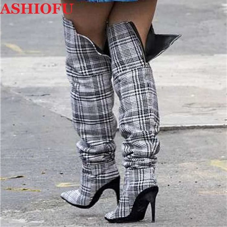 ASHIOFU New Arrival Handmade Women's Over Knee Boots Stiletto Heels Real Picture Thigh High Boots Evening Club Fashion Long Boot