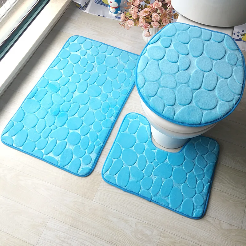 3D Embossed Bathroom Carpet Set, Bathroom Floor Rug, Flannel Toilet Mat with Lid Cover, Non-Slip U-shape Bath Mat Set, 3 Pcs