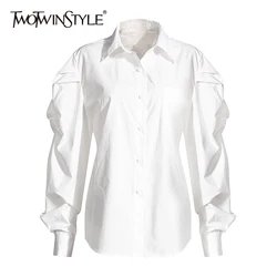 TWOTWINSTYLE Casual Shirt For Women Lapel Puff Sleeve Minimalist Large Size Loose Blouse Female 2020 Autumn Fashion New Style