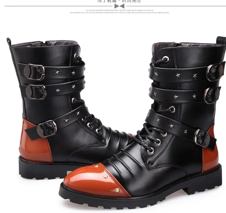 New Style Autumn Winter Punk  Boots Men Fashion Microfiber  Leather Motorcycle Boots Black Vintage High Top Buckle Boots