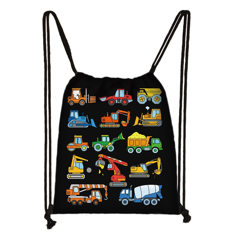 Cartoon Firetruck Excavator Print Backpack Children Shoulder Bags Kids Drawstring Bags Boys Girls Book Bag Shoes Holder Gift