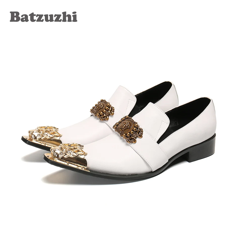 Batzuzhi Luxury Handmade Men's Leather Shoes Pointed Iron Toe White Genuine Leather Dress Shoes Slip on Zapatos Hombre!Big Size